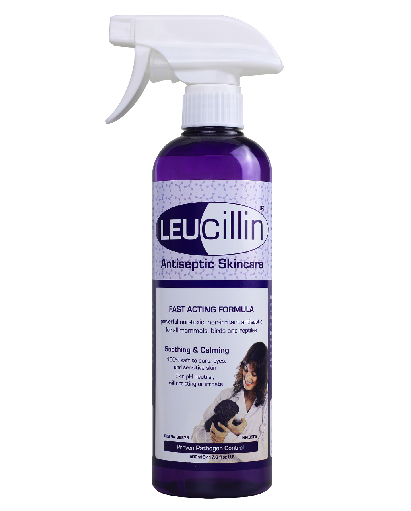 500ml Leucillin antiseptic skincare spray bottle on a transparent background