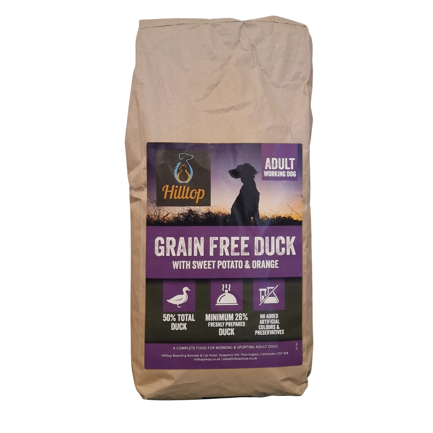 15kg bag of Hilltop Grain Free Duck dog food with a purple label on a transparent background