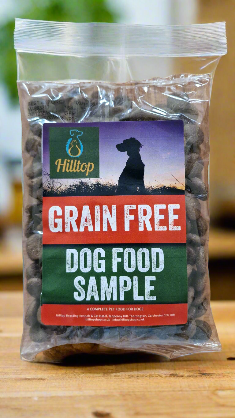 Bag of Hilltop Grain Free Dog Food 100g Sample on a wooden worktop