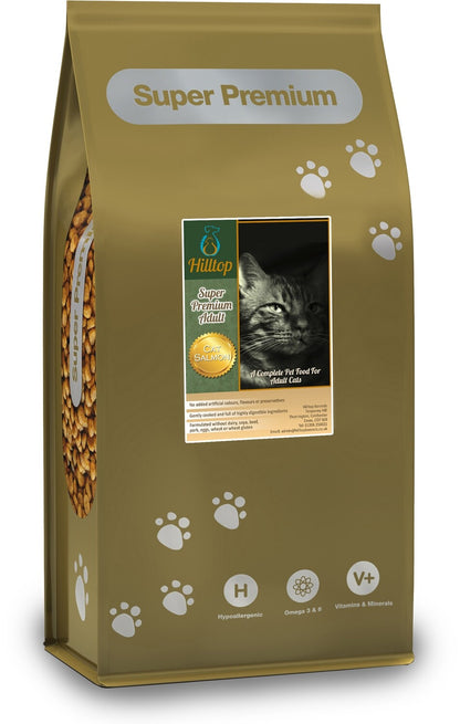 Gold bag of Hilltop Pet Food Super Premium Adult Cat Food, Duck with Rice, with paw prints and cat-themed label.