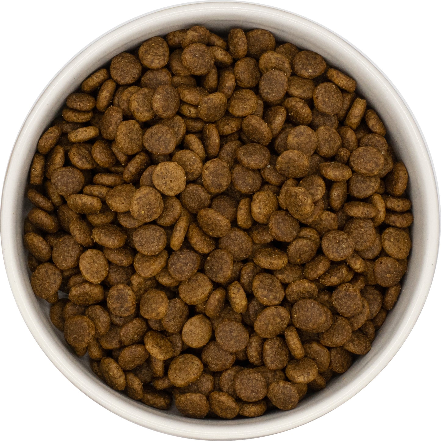 A white bowl filled with Hilltop Pet Food Premium Senior Cat Food—Chicken, Fish & Rice—for weight management.