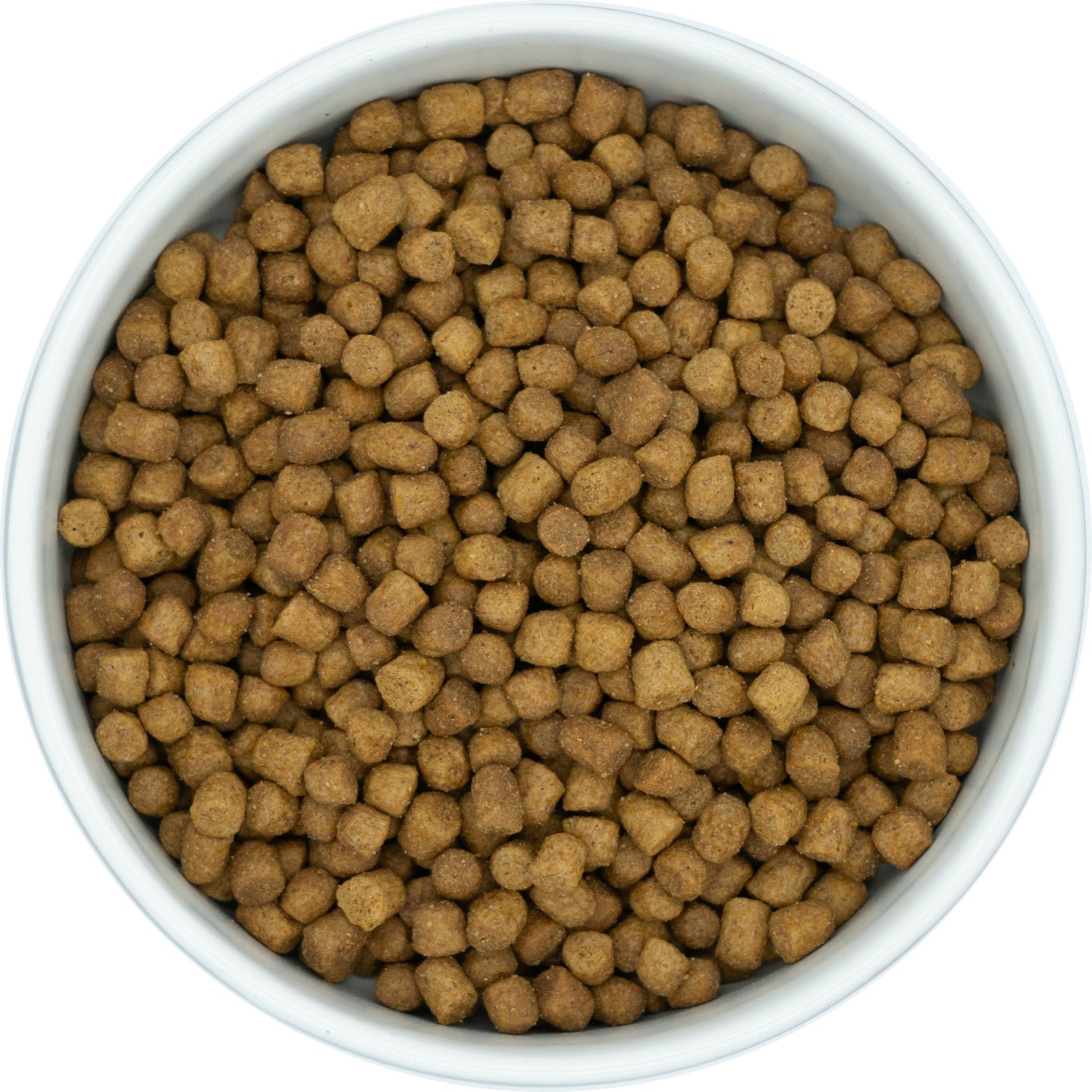 A white bowl filled with Hilltop Pet Foods Super Premium Adult Cat Food - Duck with Rice kibbles, viewed from above.