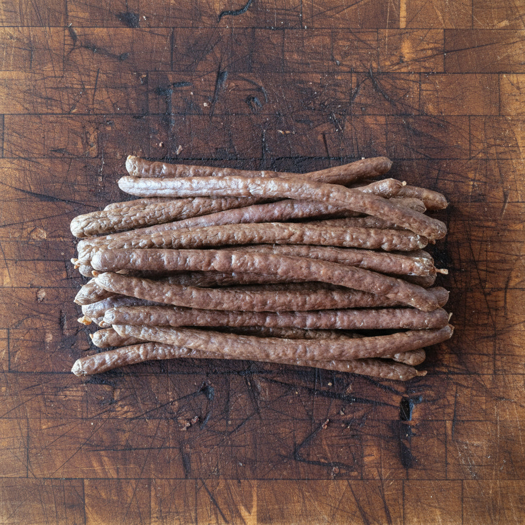 Stack of dried beef meaty sausages on a wooden table