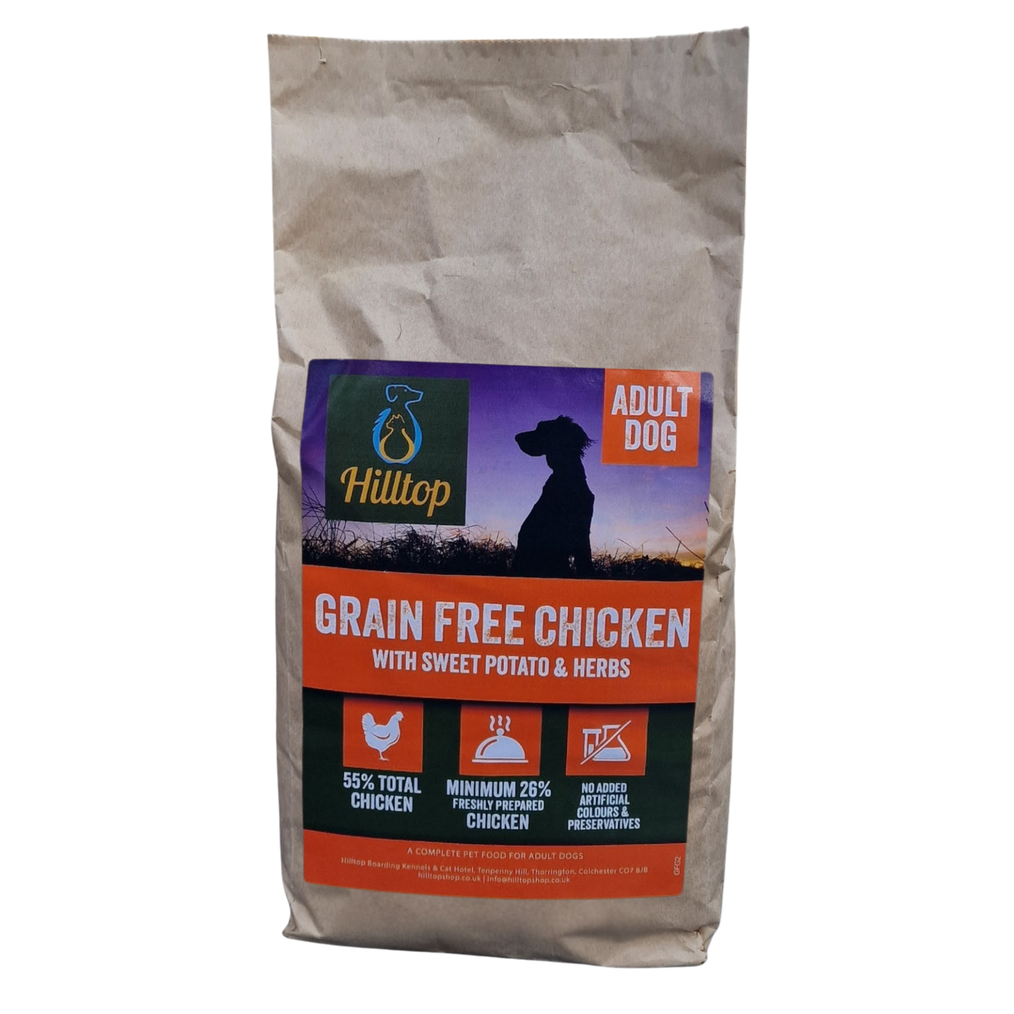 2kg bag of Hilltop Grain Free Chicken dog food with a transparent background
