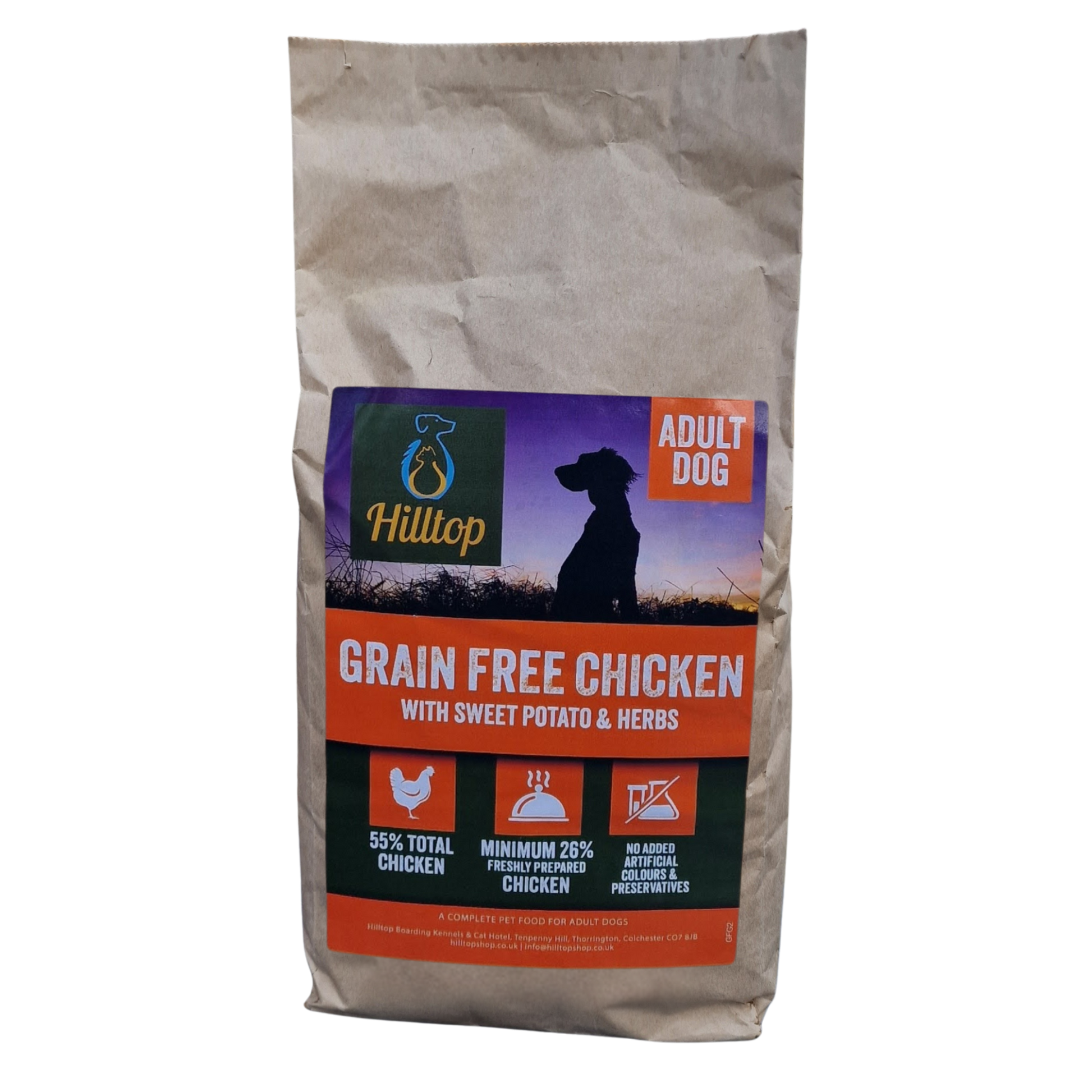 2kg bag of Hilltop Grain Free Chicken dog food with a transparent background