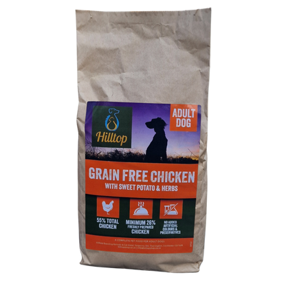 2kg bag of Hilltop Grain Free Chicken dog food with a transparent background