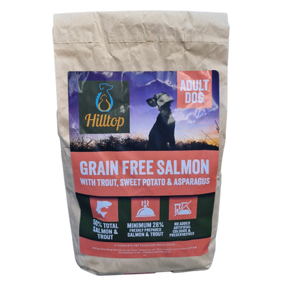 6kg bag of Hilltop Grain Free Salmon dog food on a transparent background