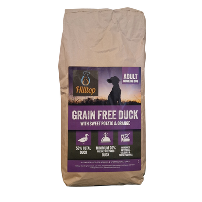 15kg bag of Hilltop Grain Free Duck dog food with a purple label on a transparent background