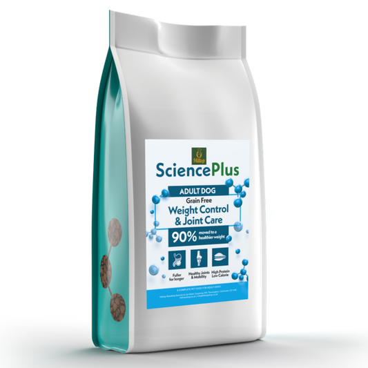 A bag of Hilltop Science Plus dog food with a label that includes the text 'Weight Control & Joint Care'.