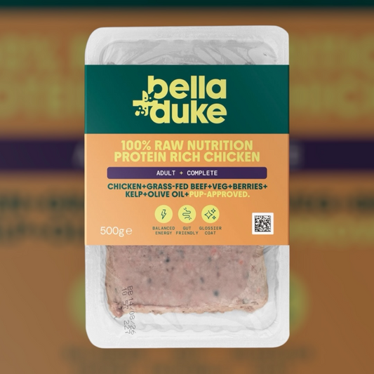 Hilltop Pet Food Bella and Duke Complete Raw Adult Dog Food, Protein Packed Chicken, 500g, with adult badges.