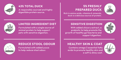 Infographic highlights Hilltop Pet Foods Super Premium Adult Cat Food—Duck with Rice—supports digestion, skin, and stool.