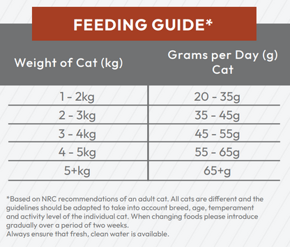 Daily feeding guide for Hilltop Super Premium Adult Cat Food - Chicken with Rice, based on cat weight in kilograms.