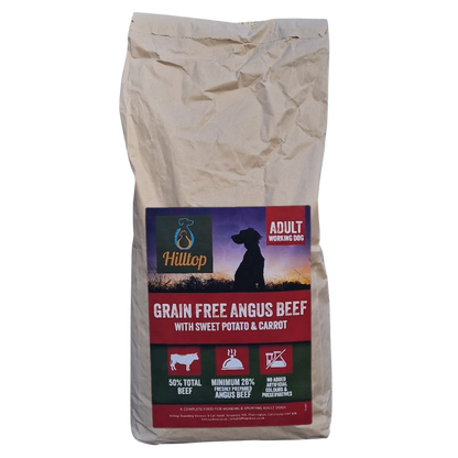 15kg bag of Hilltop Grain Free Angus Beef dog food on a transparent background