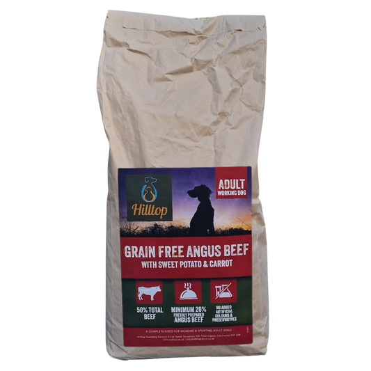 15kg bag of Hilltop Grain Free Angus Beef dog food on a transparent background