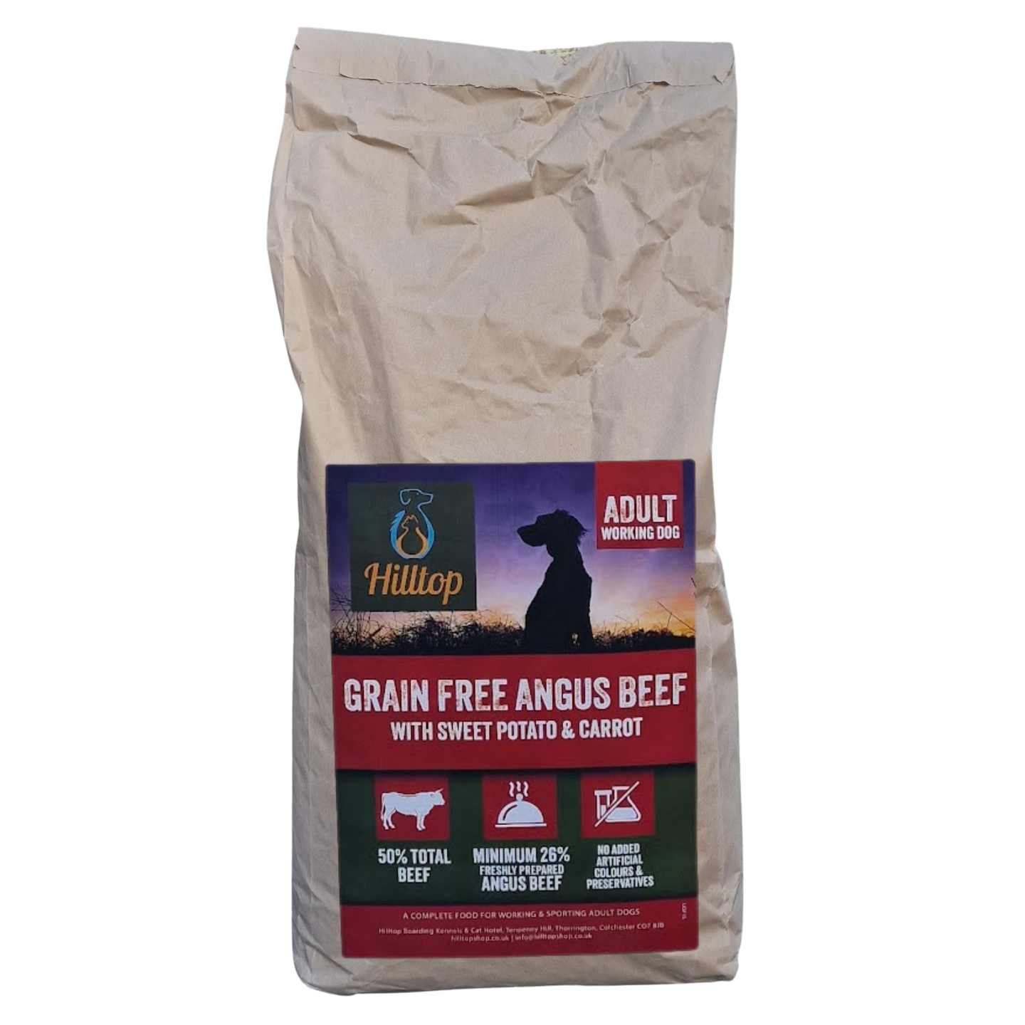 15kg bag of Hilltop Grain Free Angus Beef dog food on a transparent background