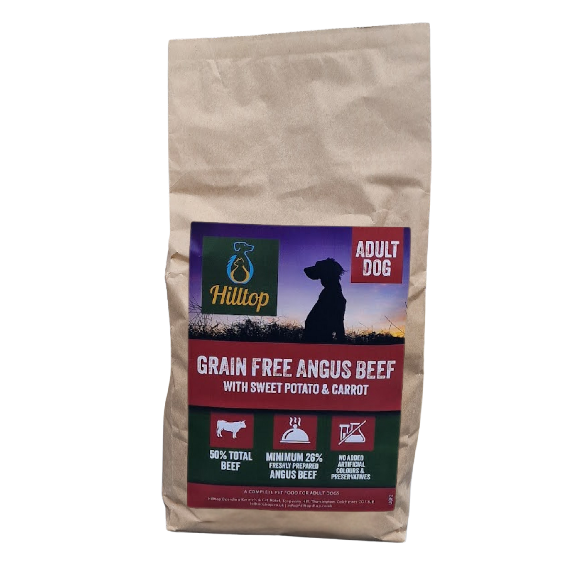 2kg bag of Hilltop Grain Free Angus Beef dog food on a transparent background