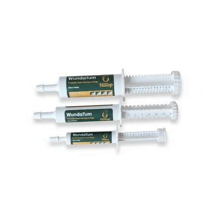 Syringes of WundaTum Digestive Care Probiotic Rapid Paste in three sizes 15ml, 30ml and 60ml arrnaged side by side on a pale background