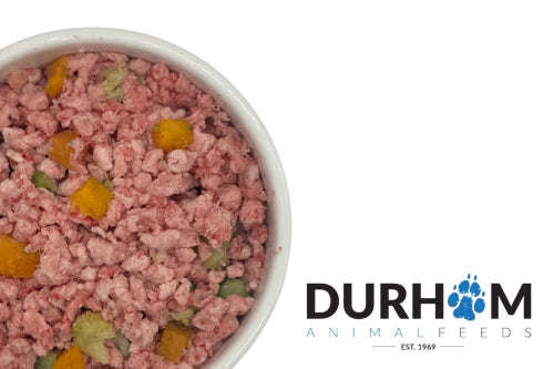 minced 3 bird feast with fruit and veg in a bowl with durham logo