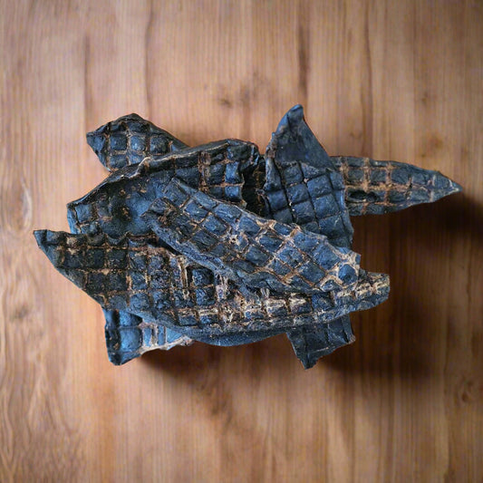 dried beef liver pieces on a wooden worktop