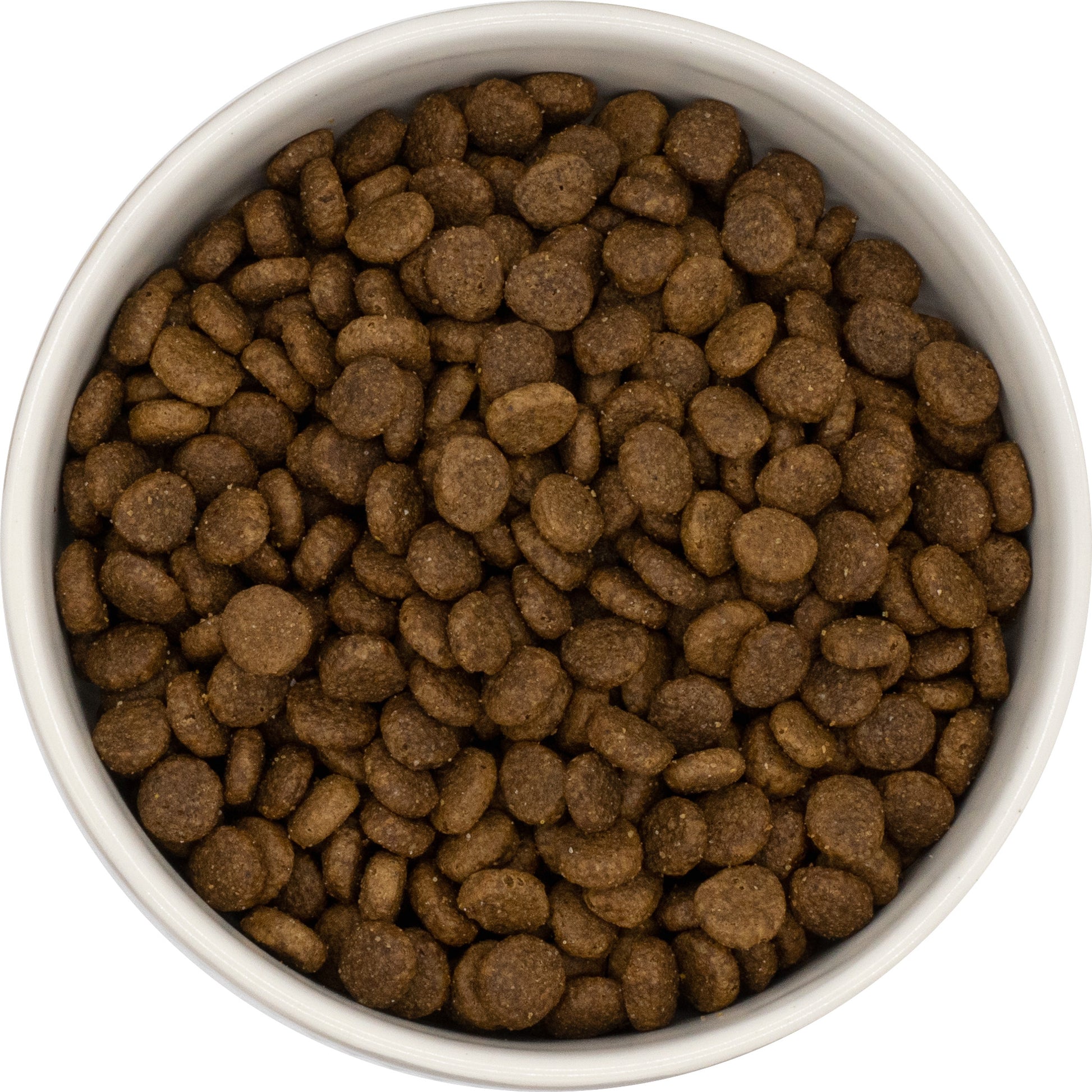 A white bowl of Hilltop Pet Food’s Super Premium Adult Cat Food - Chicken with Rice, viewed from above.