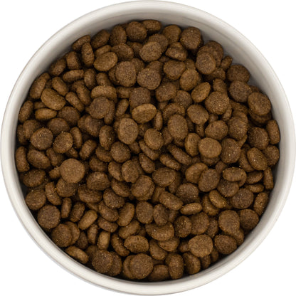 A white bowl of Hilltop Pet Food’s Super Premium Adult Cat Food - Chicken with Rice, viewed from above.