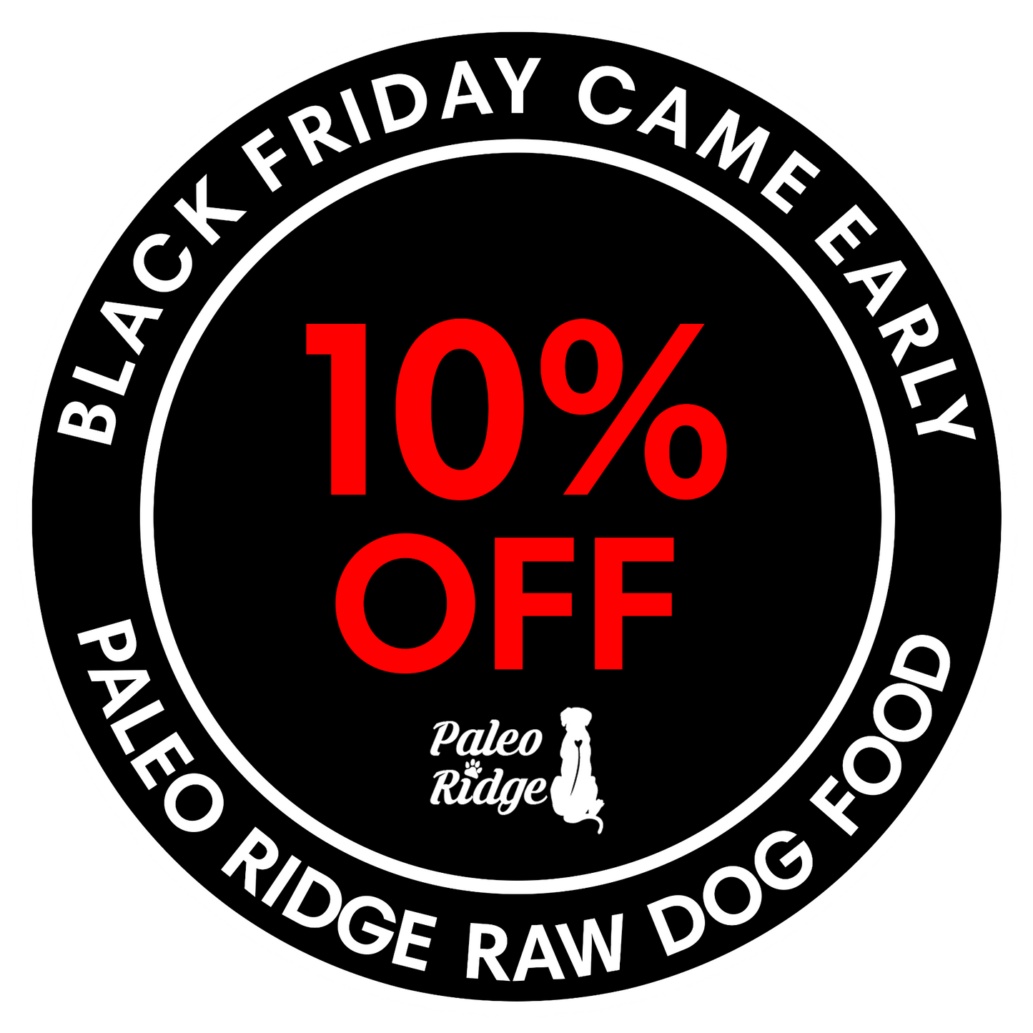 Promotional badge for Paleo Ridge Raw Dog Food with a 10% off discount on a black background.