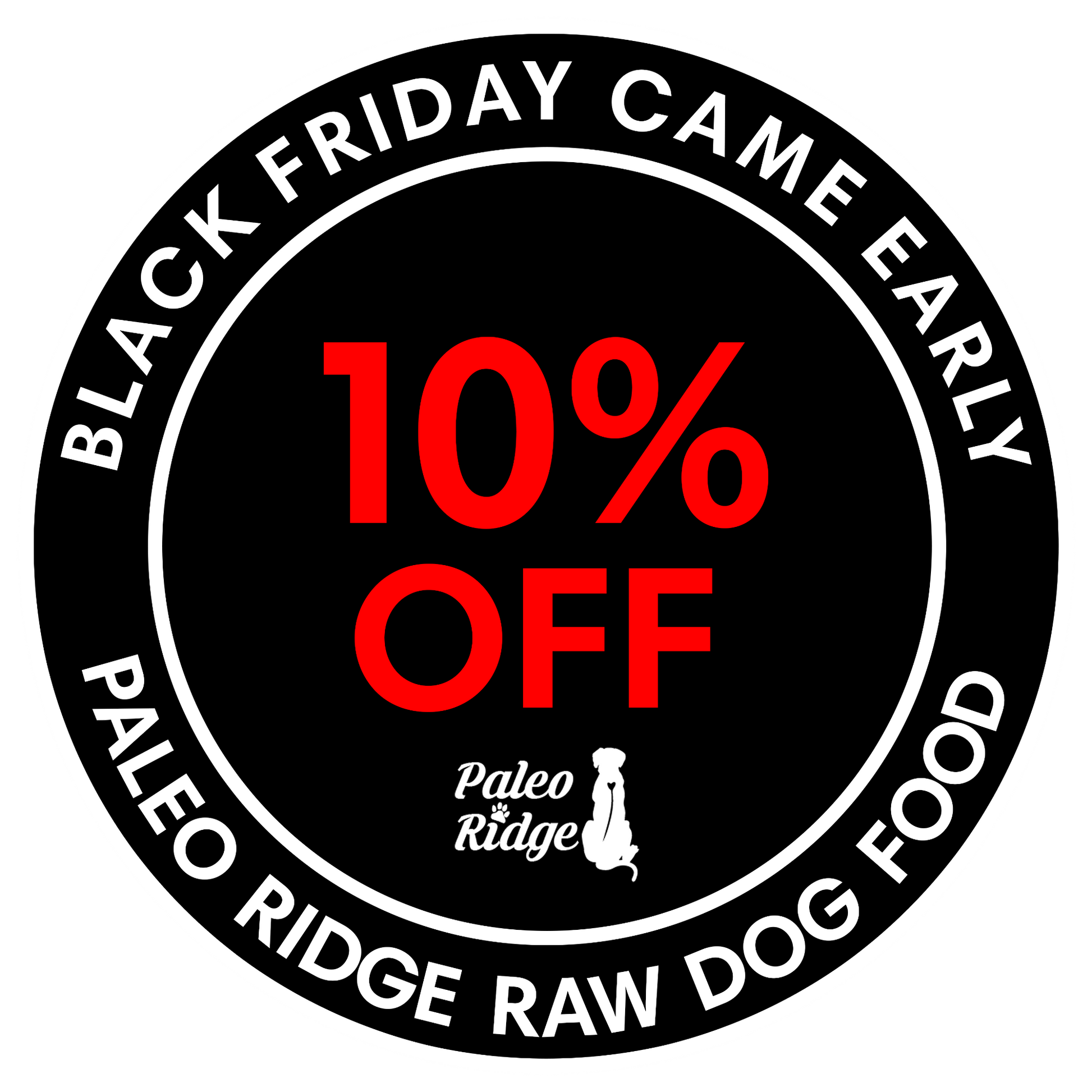 Promotional badge for Paleo Ridge Raw Dog Food with a 10% off discount on a black background.