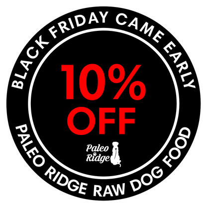 Promotional badge for Paleo Ridge Raw Dog Food with a 10% off discount on a black background.